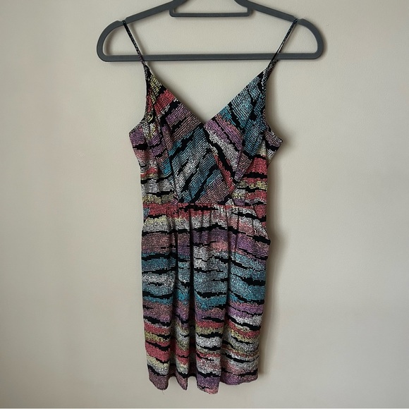 Yumi Kim Women’s 100% Silk V-Neck Multicolor Striped Mini Dress Size XS - Picture 1 of 6